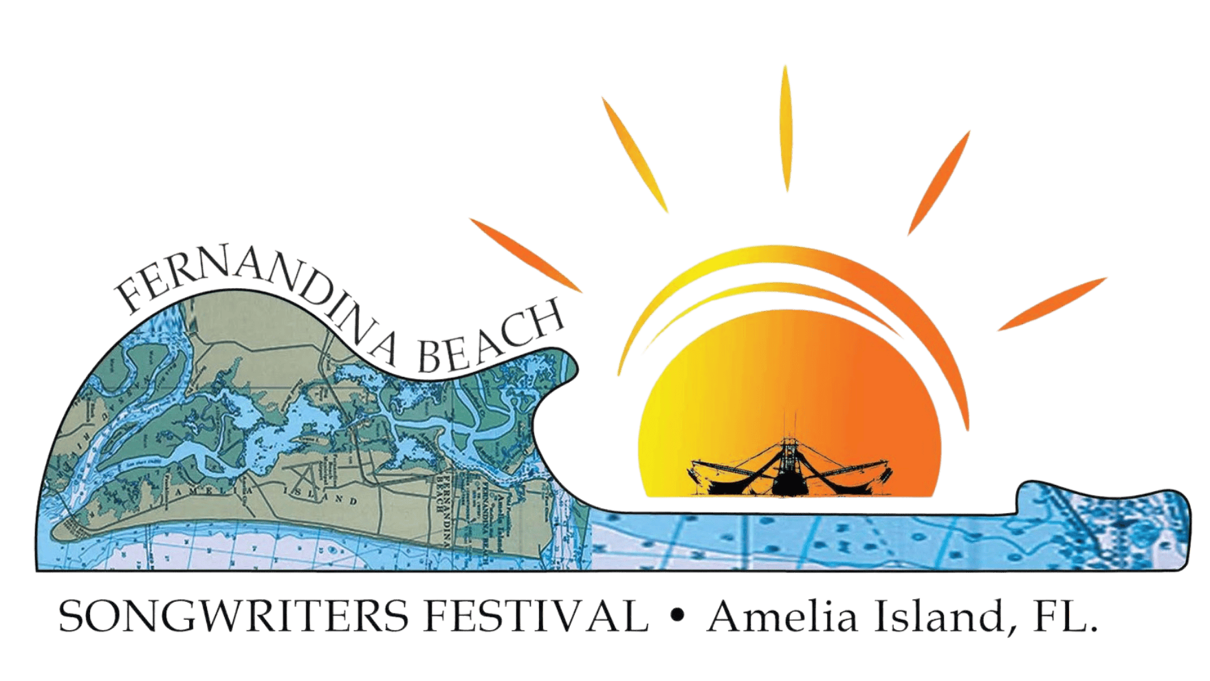 Fernandina Beach Songwriters Festival Logo, guitar shape with map of Fernandina Beach, FL and a sun with the silhouette of a ship
